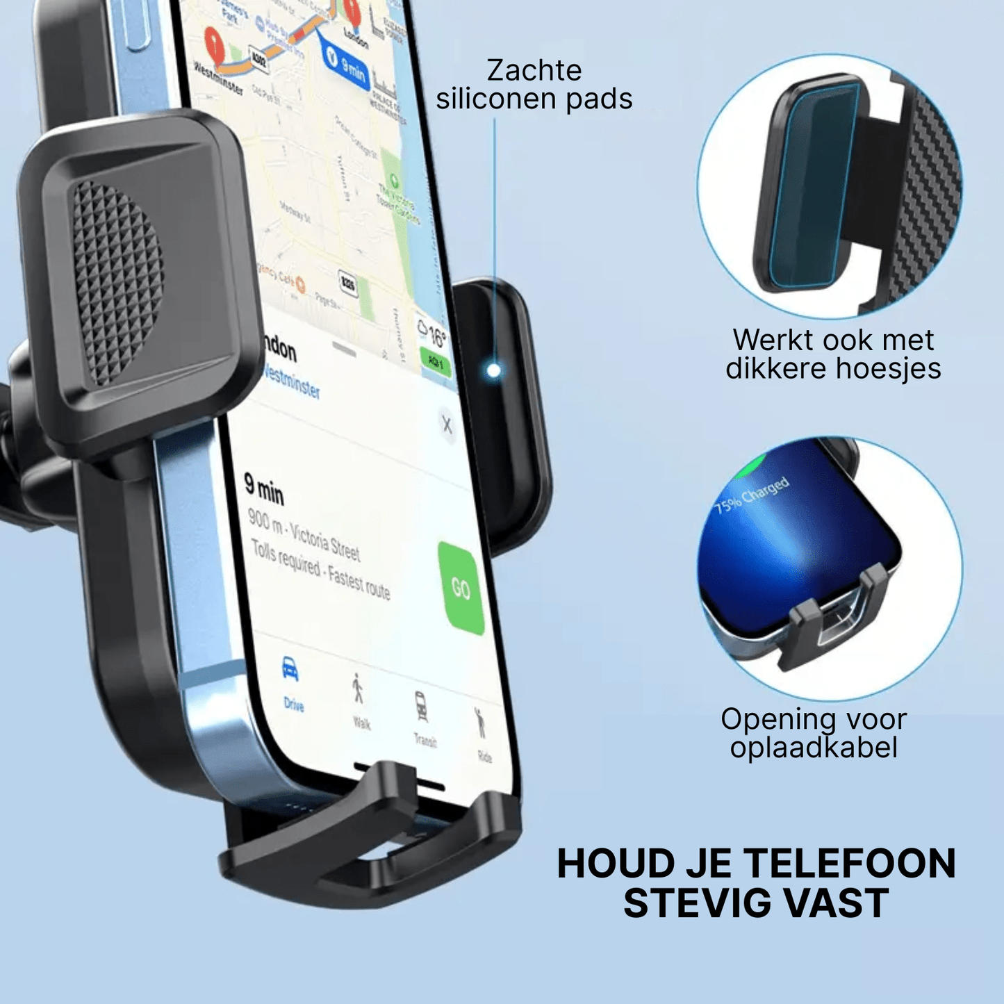 Telefoon in zwarte Holdify houder met siliconen pads, geschikt voor hoesjes en met opening voor oplaadkabel.