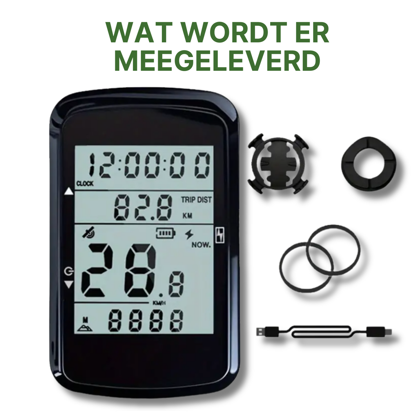 VeloxRide fietscomputer met bijgeleverde montagekit, rubberen ringen en oplaadkabel in beeld.