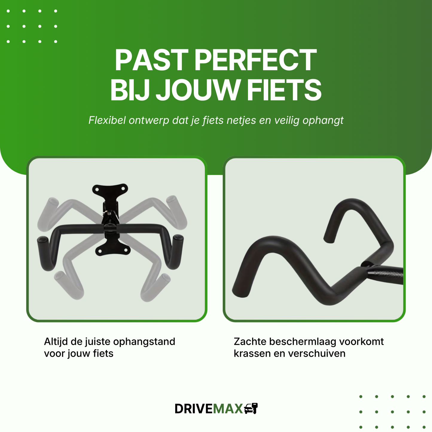 Black adjustable bike wall mount with a soft protective layer against scratches and a flexible hanging position.