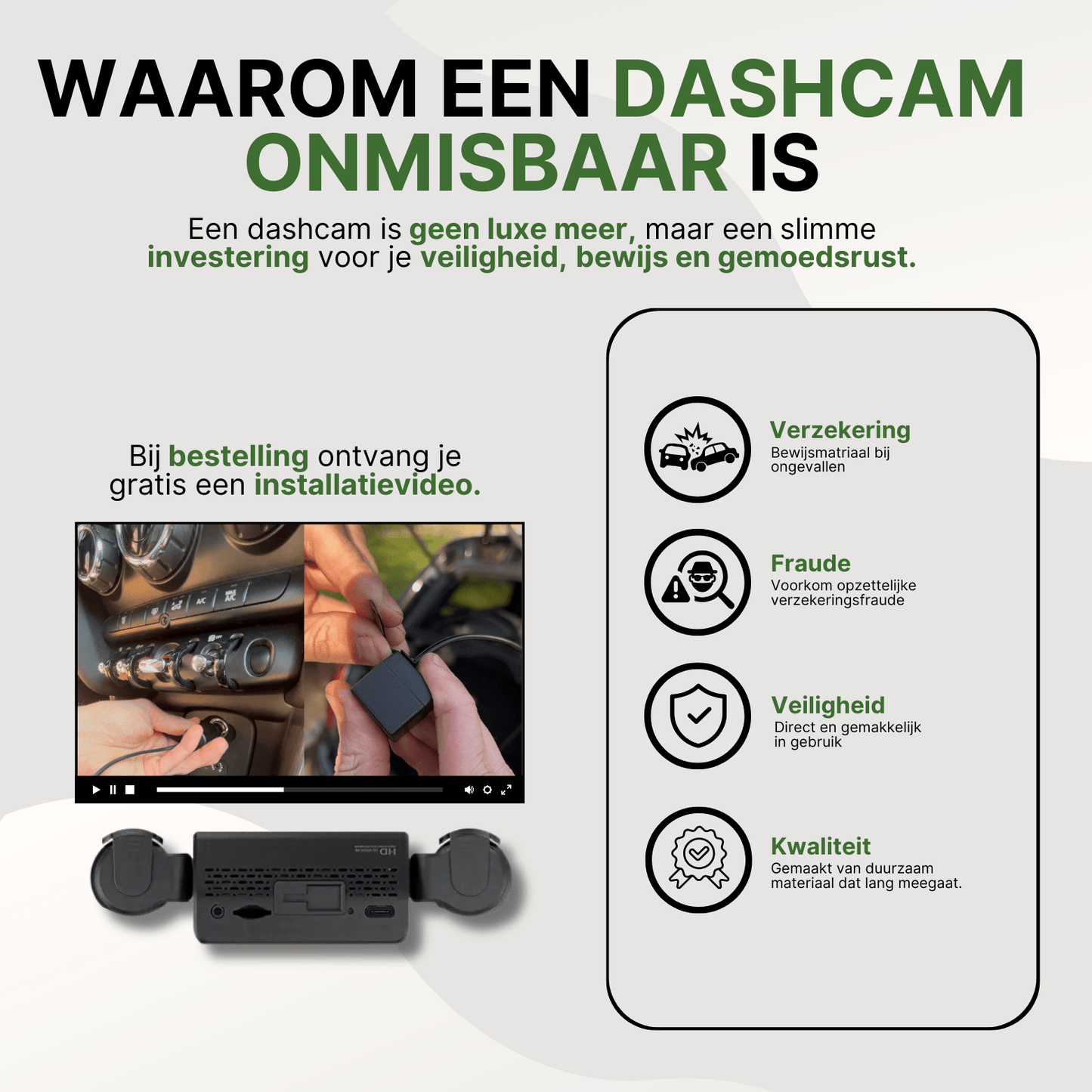 VisionEdge dashcam met uitlegvideo, toont installatie in auto en voordelen zoals veiligheid en fraudepreventie.