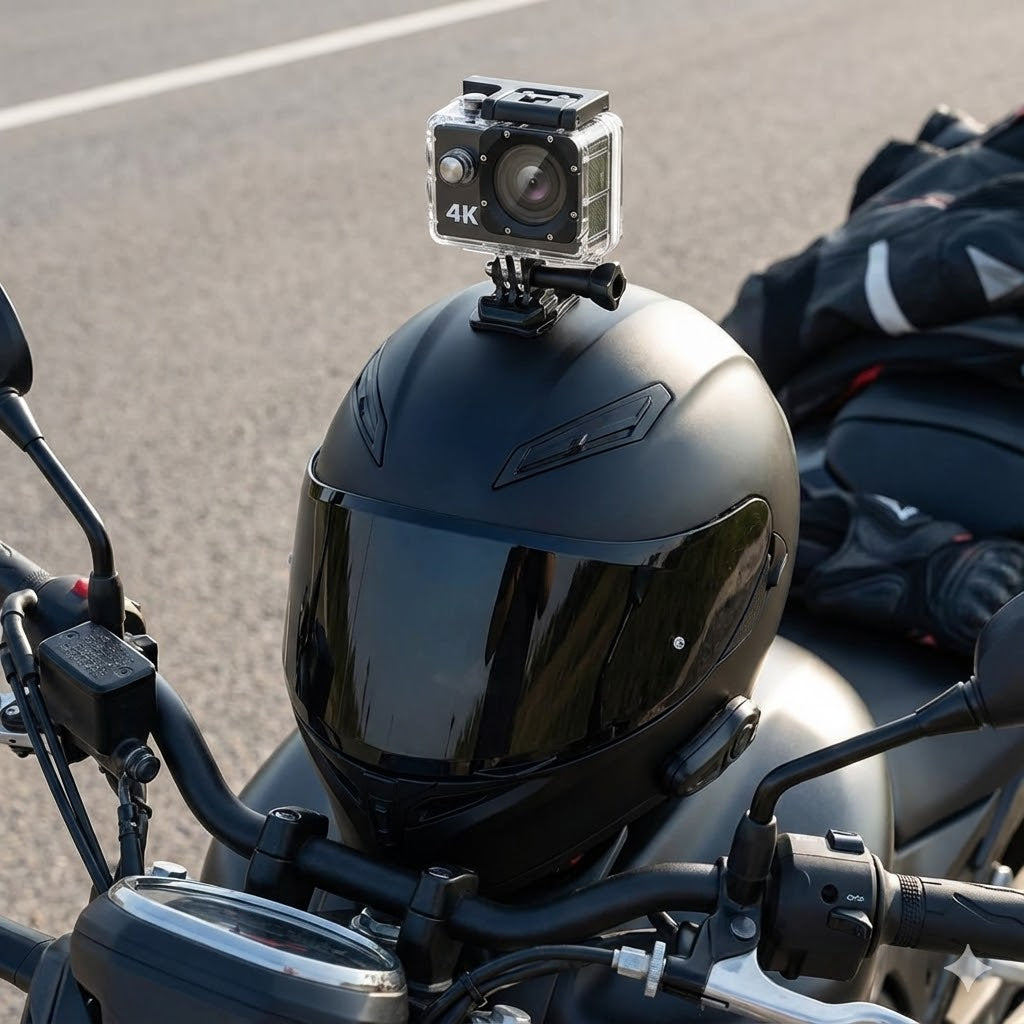Action camera on motorcycle helmet