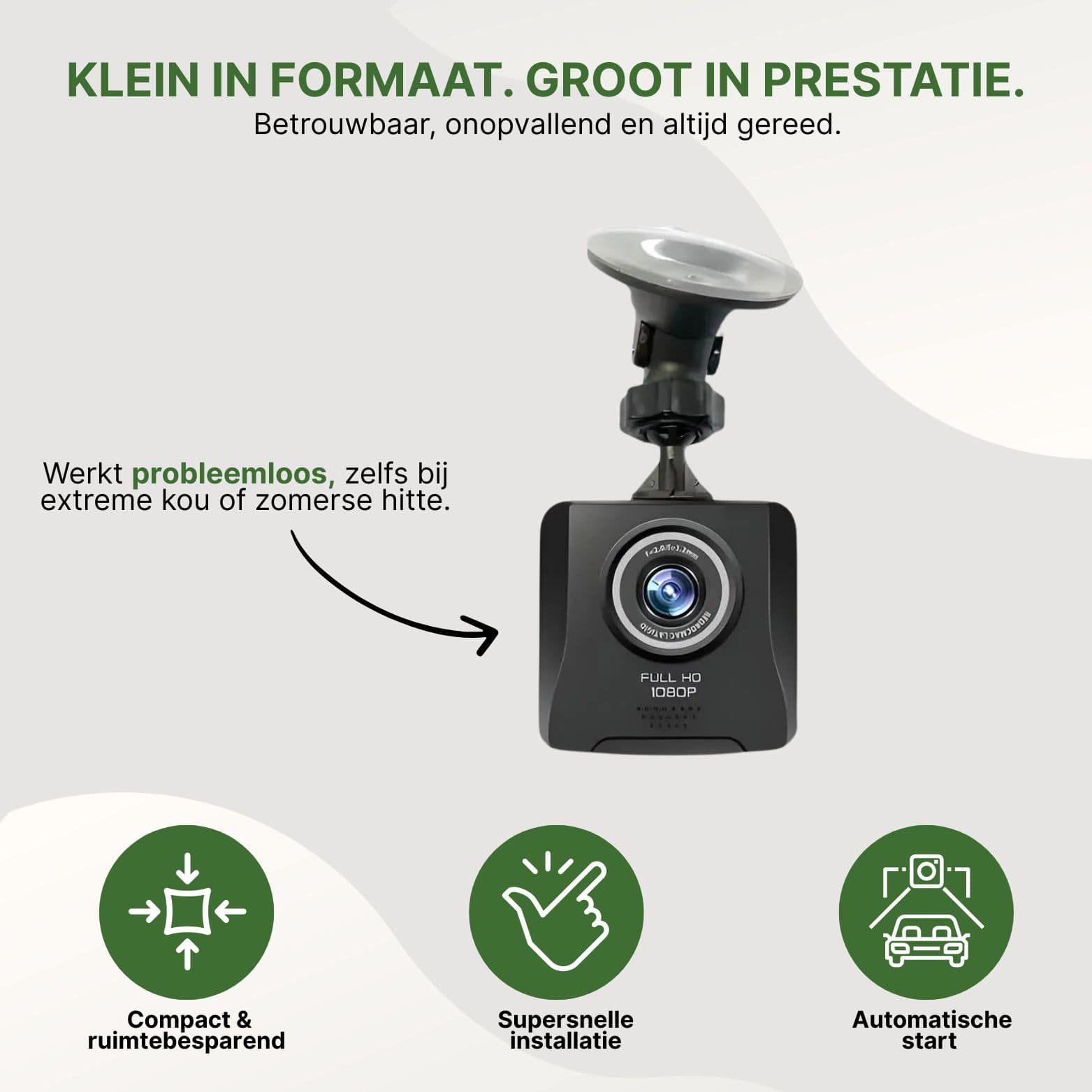 GuardianCam compacte Full HD 1080p dashcam met automatische start, supersnelle installatie en werking bij zowel kou als hitte.