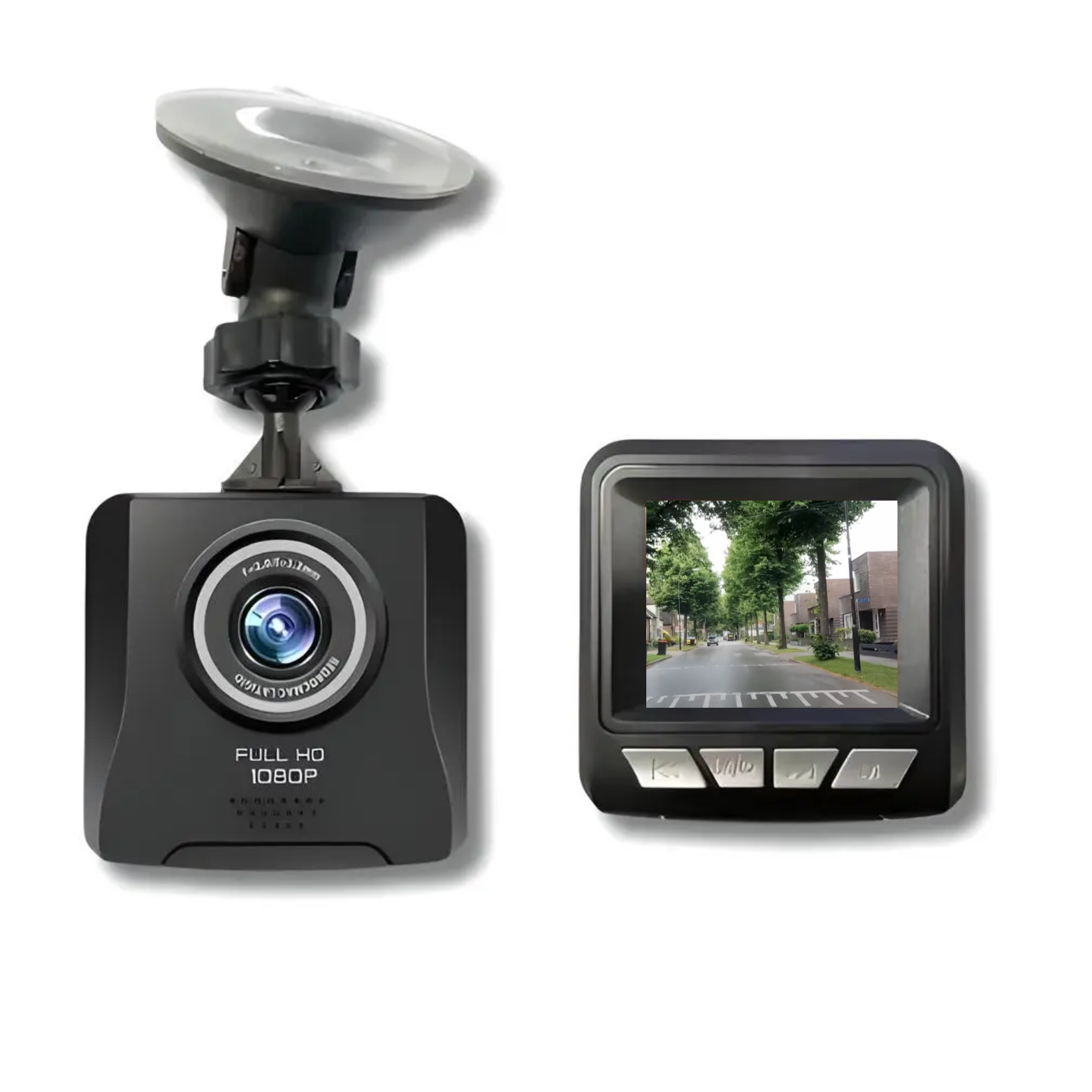GuardianCam dashcam met Full HD 1080p lens en compact display voor duidelijke opnames van verkeerssituaties vooraan in de auto.