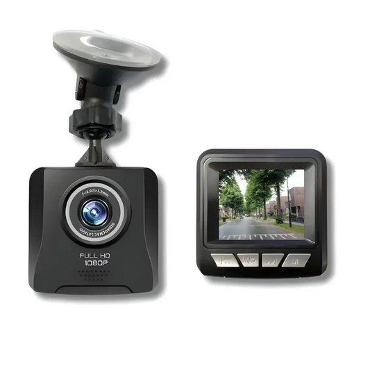 GuardianCam dashcam met Full HD 1080p lens en compact display voor duidelijke opnames van verkeerssituaties vooraan in de auto.