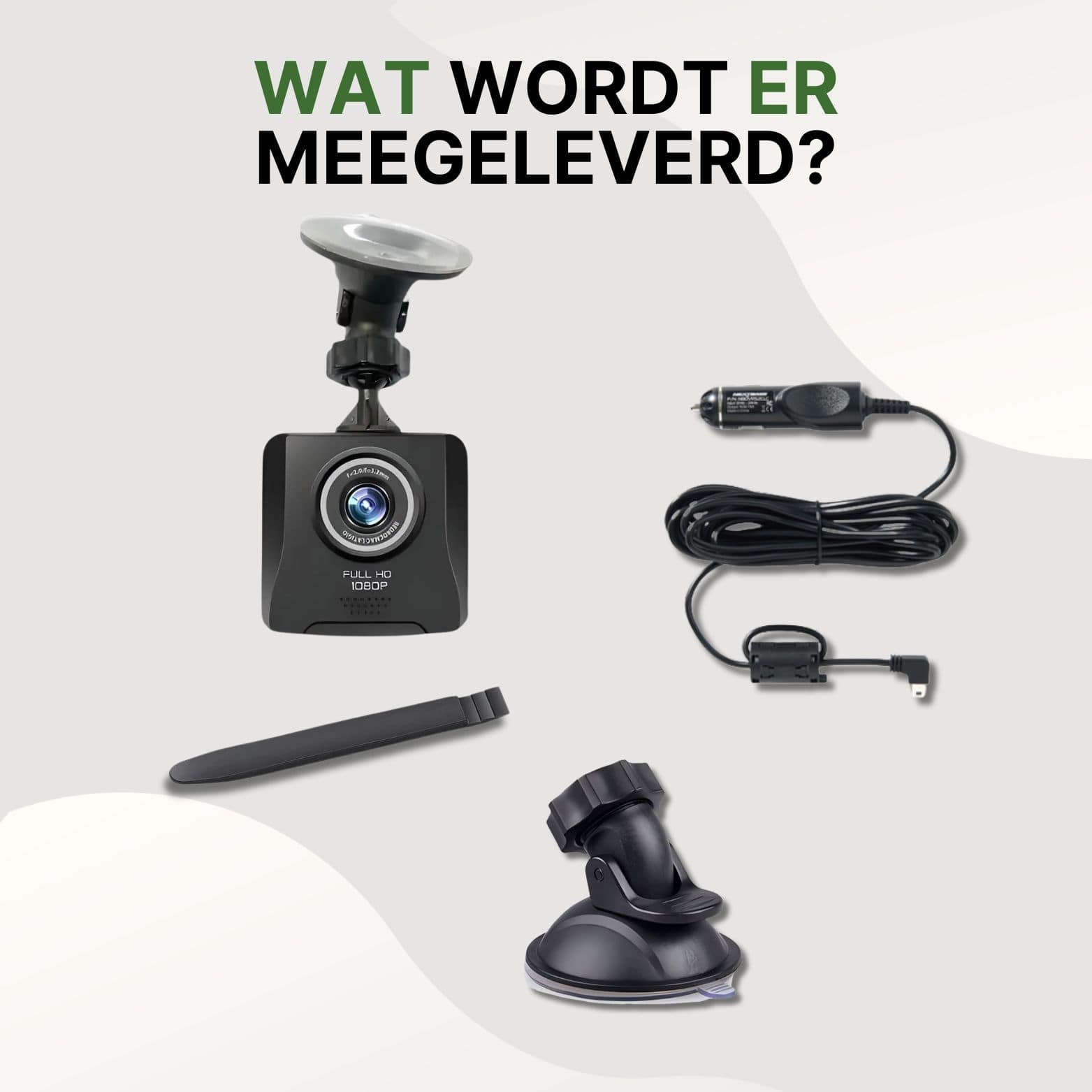 Inhoud van de GuardianCam verpakking met dashcam, zuignap, oplaadkabel, bevestigingsclip en montagemateriaal.