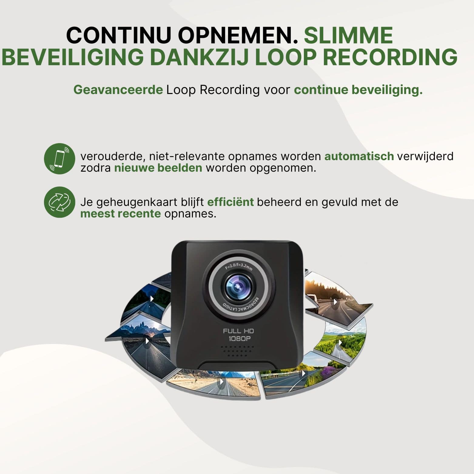 GuardianCam dashcam met Full HD 1080p en slimme loop recording die automatisch oude opnames verwijdert voor continue beveiliging.