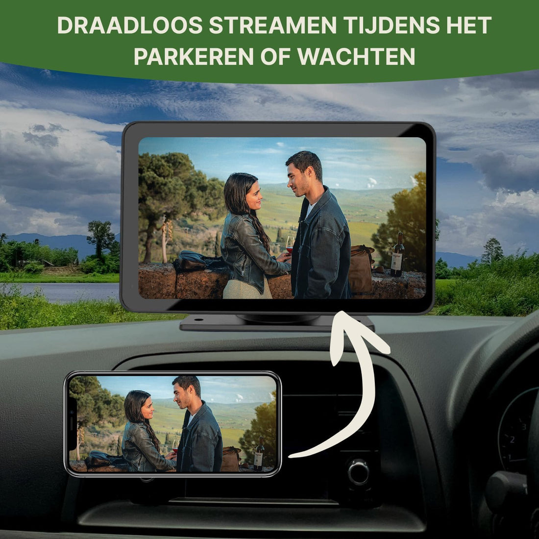 Navion One wireless CarPlay screen shows video streaming from smartphone during parking or waiting – perfect for movies and series on the go.
