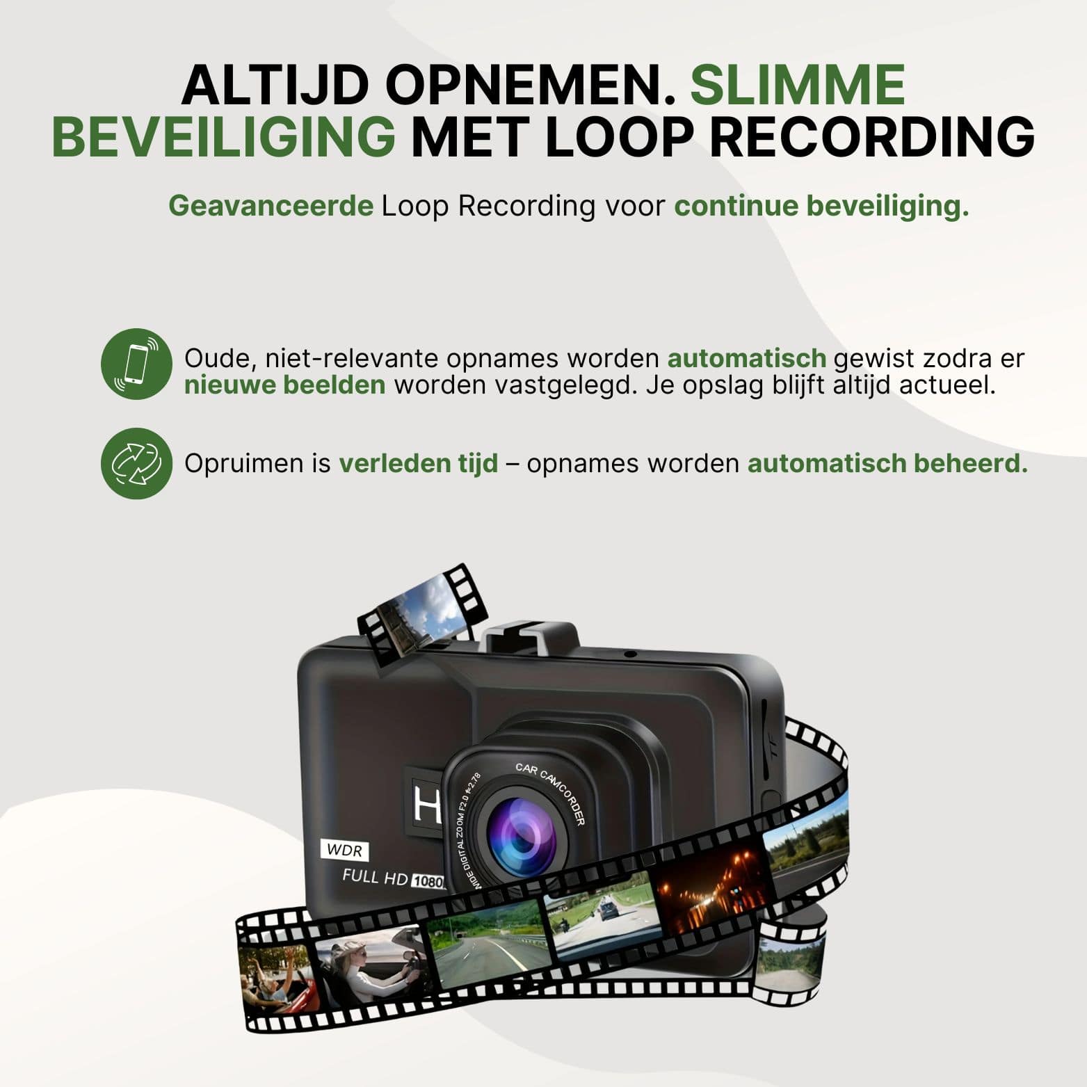 SafeVision Pro dashcam met geavanceerde loop recording voor automatische en continue beveiliging tijdens elke rit.