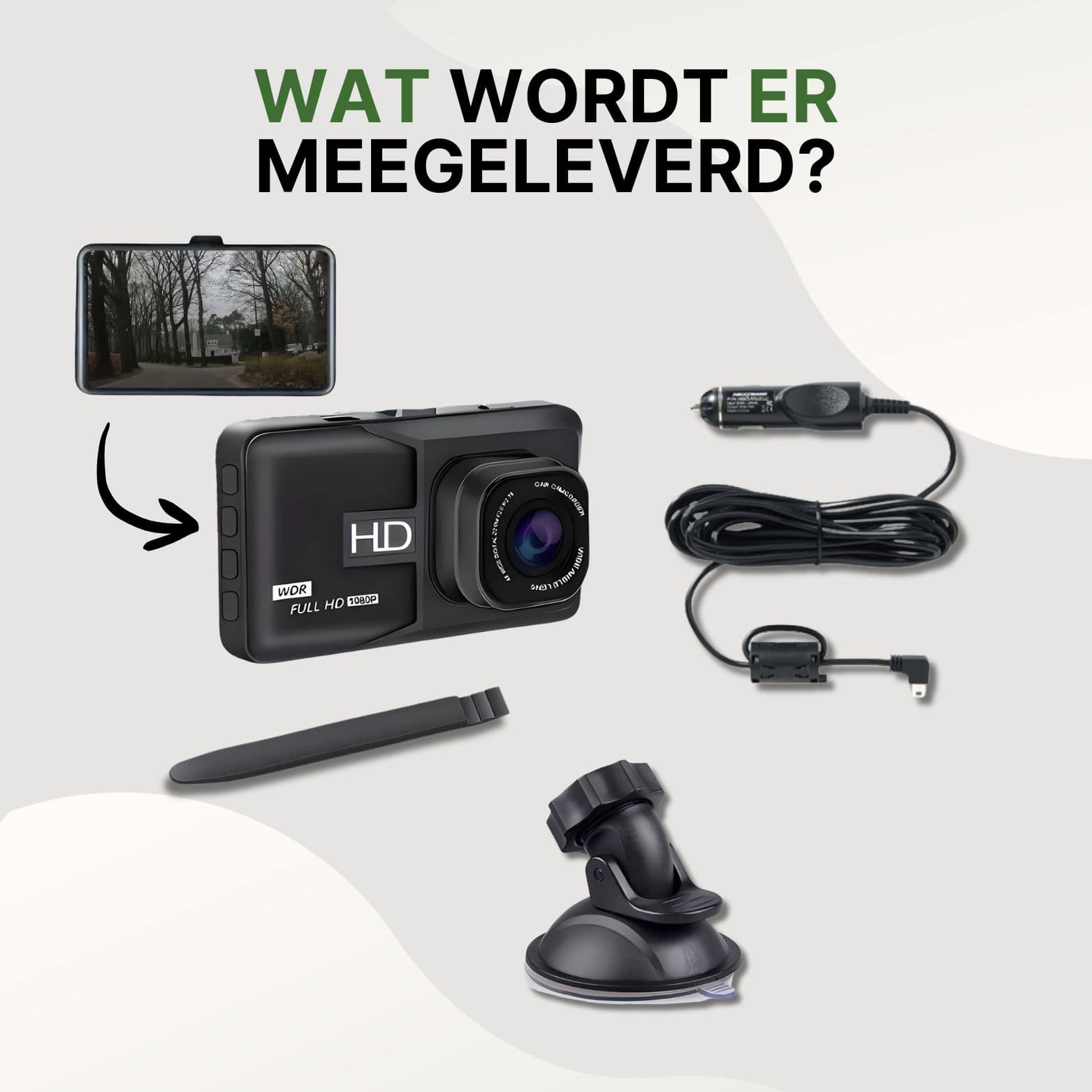 Wat wordt meegeleverd bij de SafeVision Pro dashcam: Full HD camera, zuignap, voedingskabel, montagetool en schermweergave.