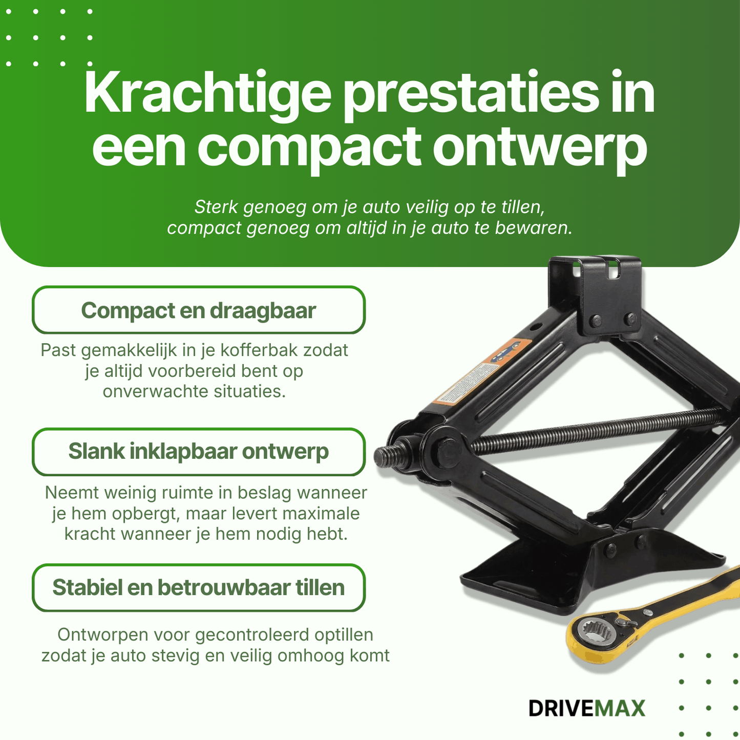 Black scissor car jack with lifting screw and handle shown on green background highlighting compact design.