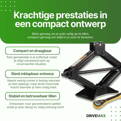 Black scissor car jack with lifting screw and handle shown on green background highlighting compact design.