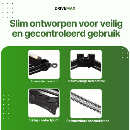 Close-up details of a black scissor car jack showing lift point, screw thread and contact base.