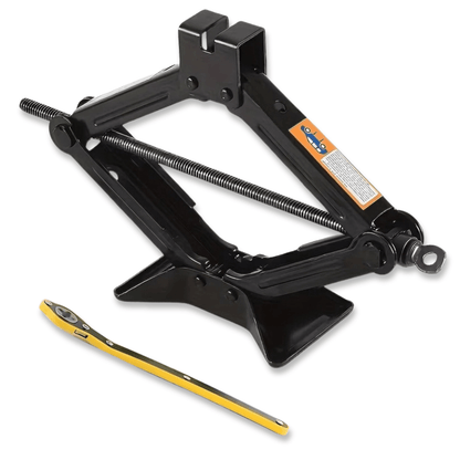 Black scissor car jack with metal lifting screw and yellow handle for changing car tires.