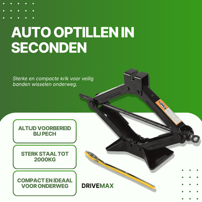Black scissor car jack with yellow handle on green promotional background about lifting a car quickly.