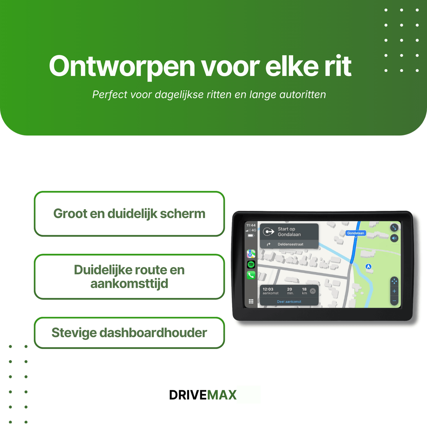 Car navigation with large and clear touchscreen on dashboard mount, displays route map with navigation instructions and arrival time for daily use.