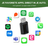 CarVizio adapter shows compatibility with popular apps such as Spotify, WhatsApp, Apple Maps, and Google Calendar via Apple CarPlay and Android Auto.
