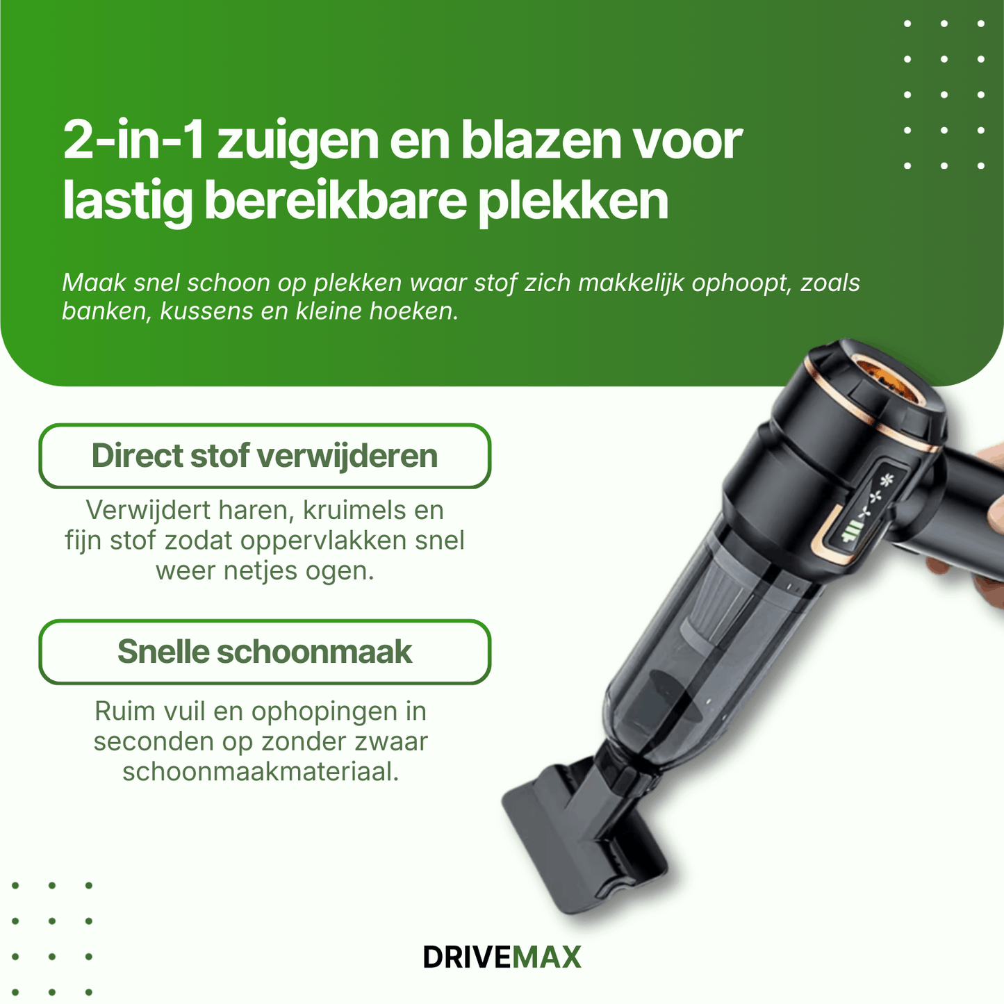 Cordless handheld vacuum with 2-in-1 vacuum and blower function for quick cleaning of dust, crumbs, and hard-to-reach areas.