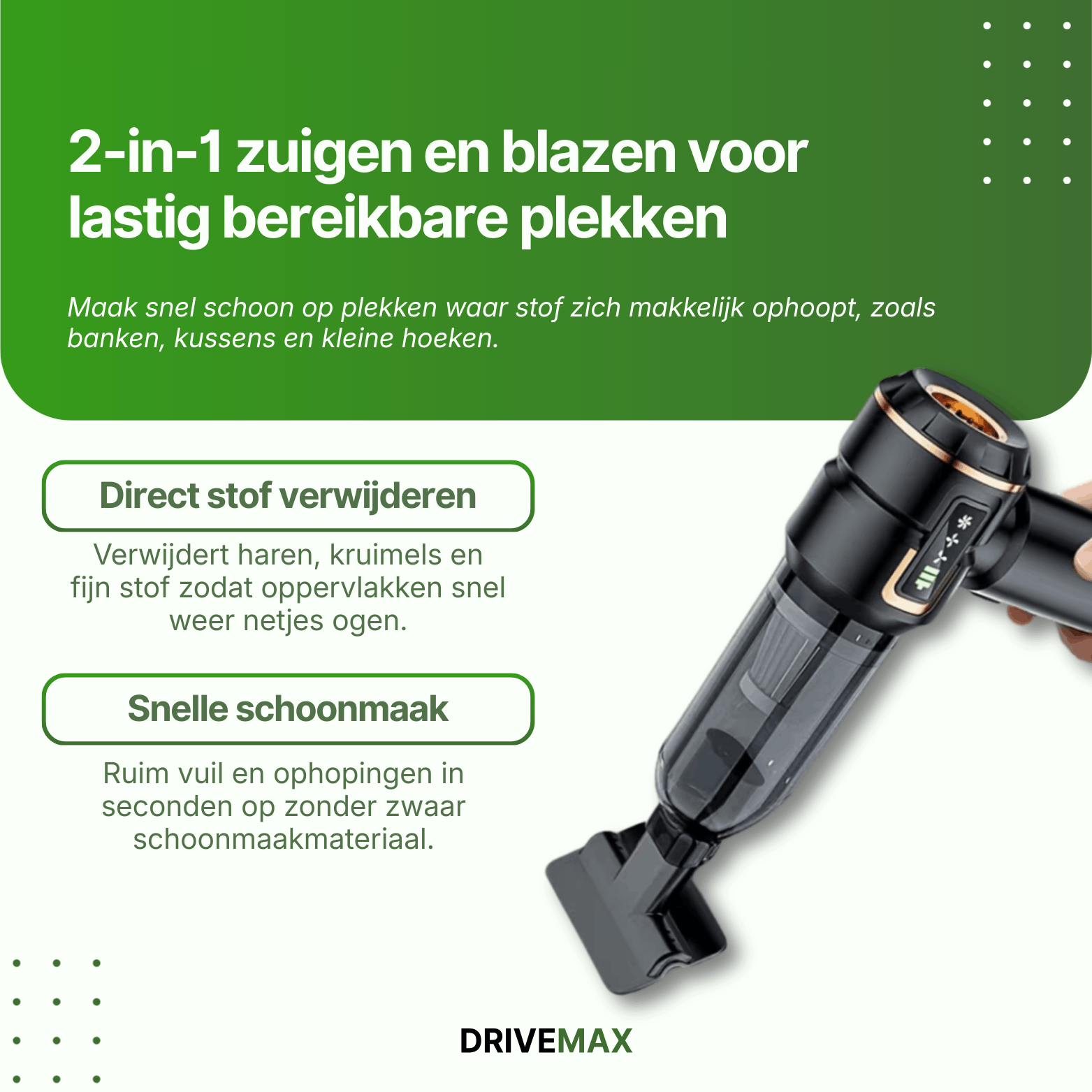 Cordless handheld vacuum with 2-in-1 vacuum and blower function for quick cleaning of dust, crumbs, and hard-to-reach areas.