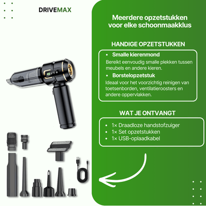 Cordless handheld vacuum cleaner with multiple cleaning attachments including brush and narrow nozzle for versatile home and car cleaning.