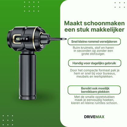 Cordless handheld vacuum with narrow nozzle attachment designed for quick cleaning of crumbs, dust, and tight spaces.
