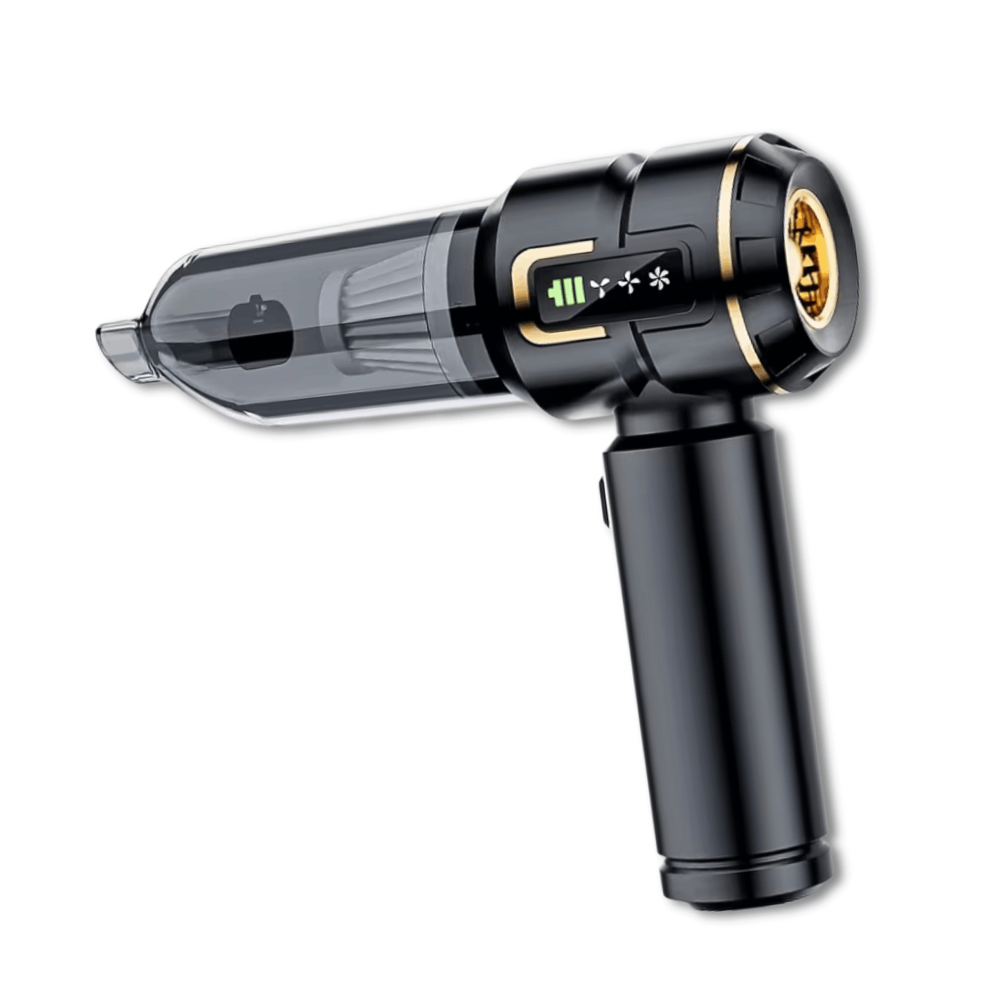 Compact cordless handheld vacuum cleaner with transparent dust container and ergonomic grip for quick cleaning.