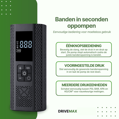 Black portable air compressor with digital display next to text about inflating tires in seconds.