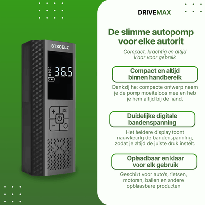 Portable black air compressor with digital display shown beside feature list on green background.