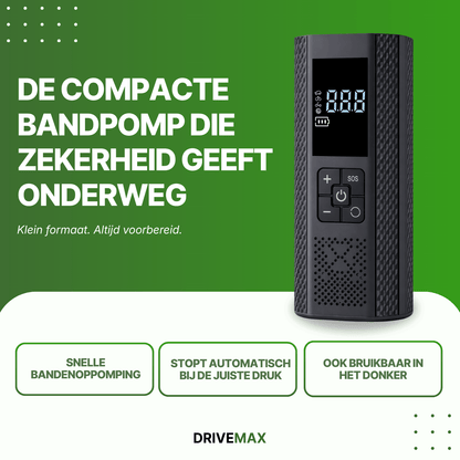 Portable black air compressor with digital display shown on green promotional background with compact tire pump text.