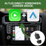 DriveLink adapter connected to Apple CarPlay and Android Auto on car dashboard with navigation screen