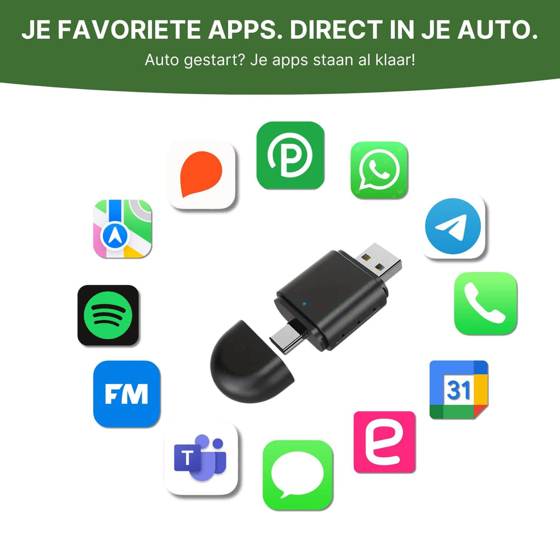 DriveLink USB adapter surrounded by app icons such as Spotify, WhatsApp, and Google Maps for use in the car