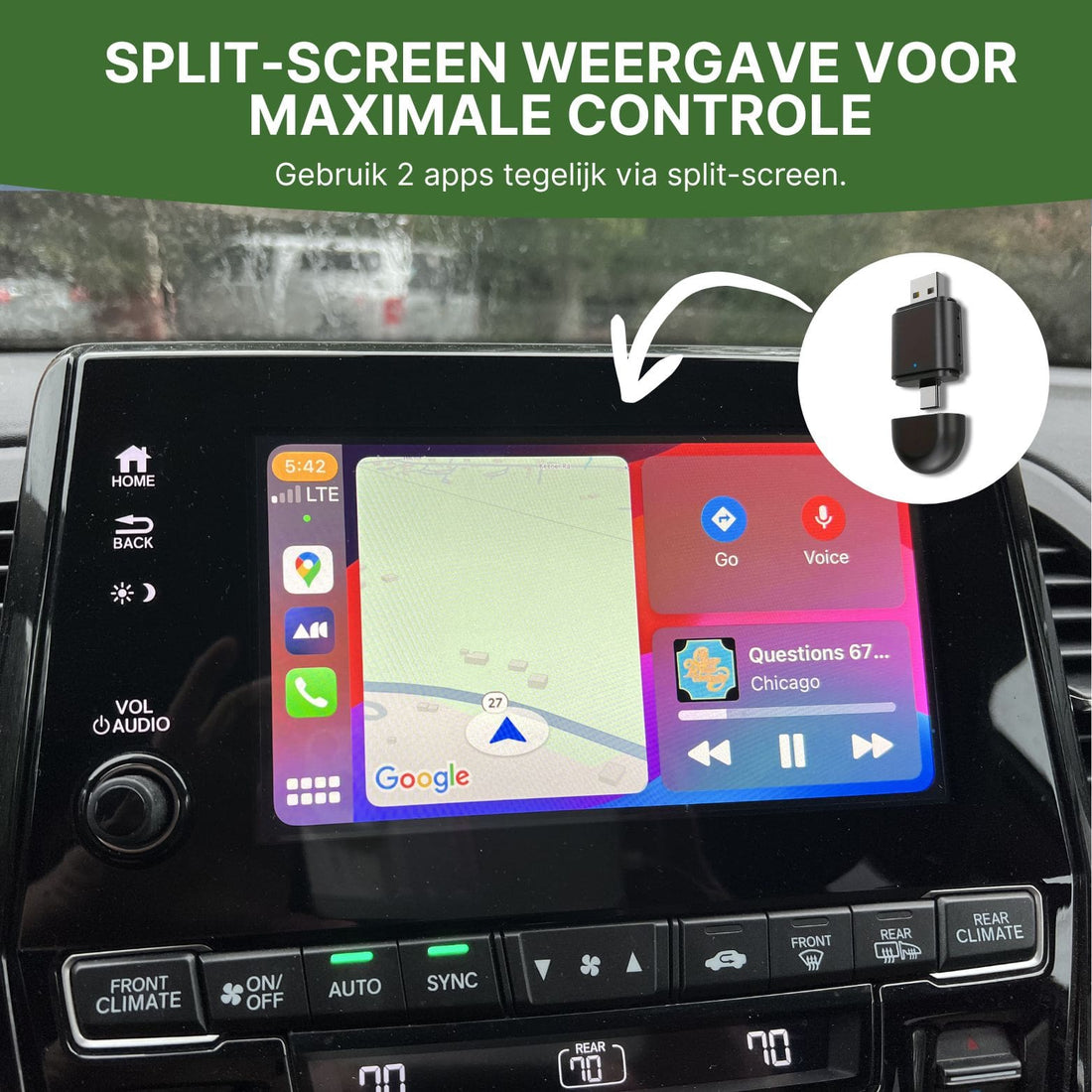 DriveLink adapter connected to car display with split-screen view of navigation and music apps