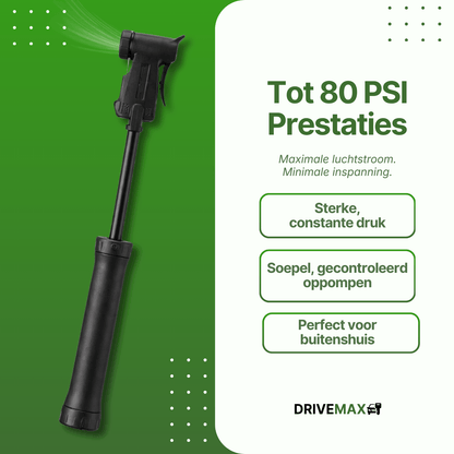 Black DriveMax bicycle pump in extended position with visible airflow on green background.