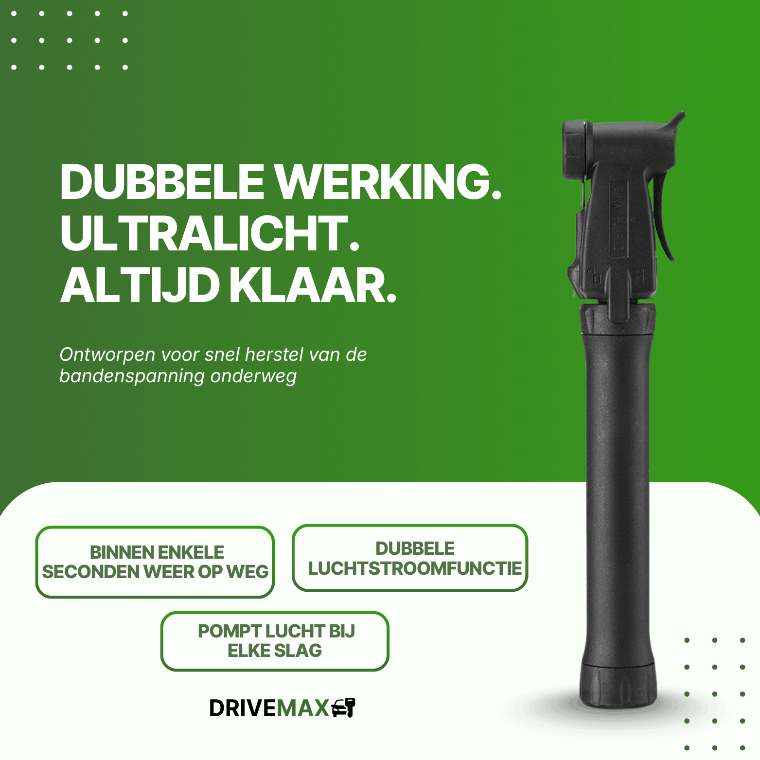 Black DriveMax bicycle pump front view on a green promotional background.