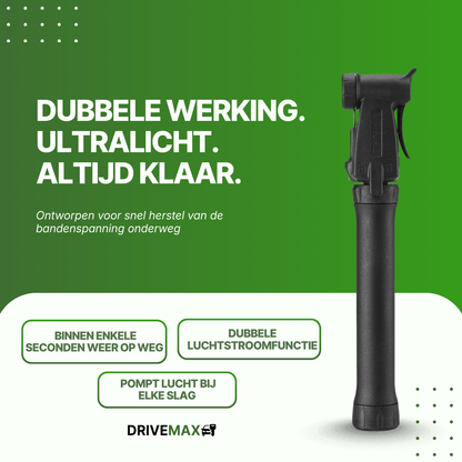 Black DriveMax bicycle pump front view on a green promotional background.