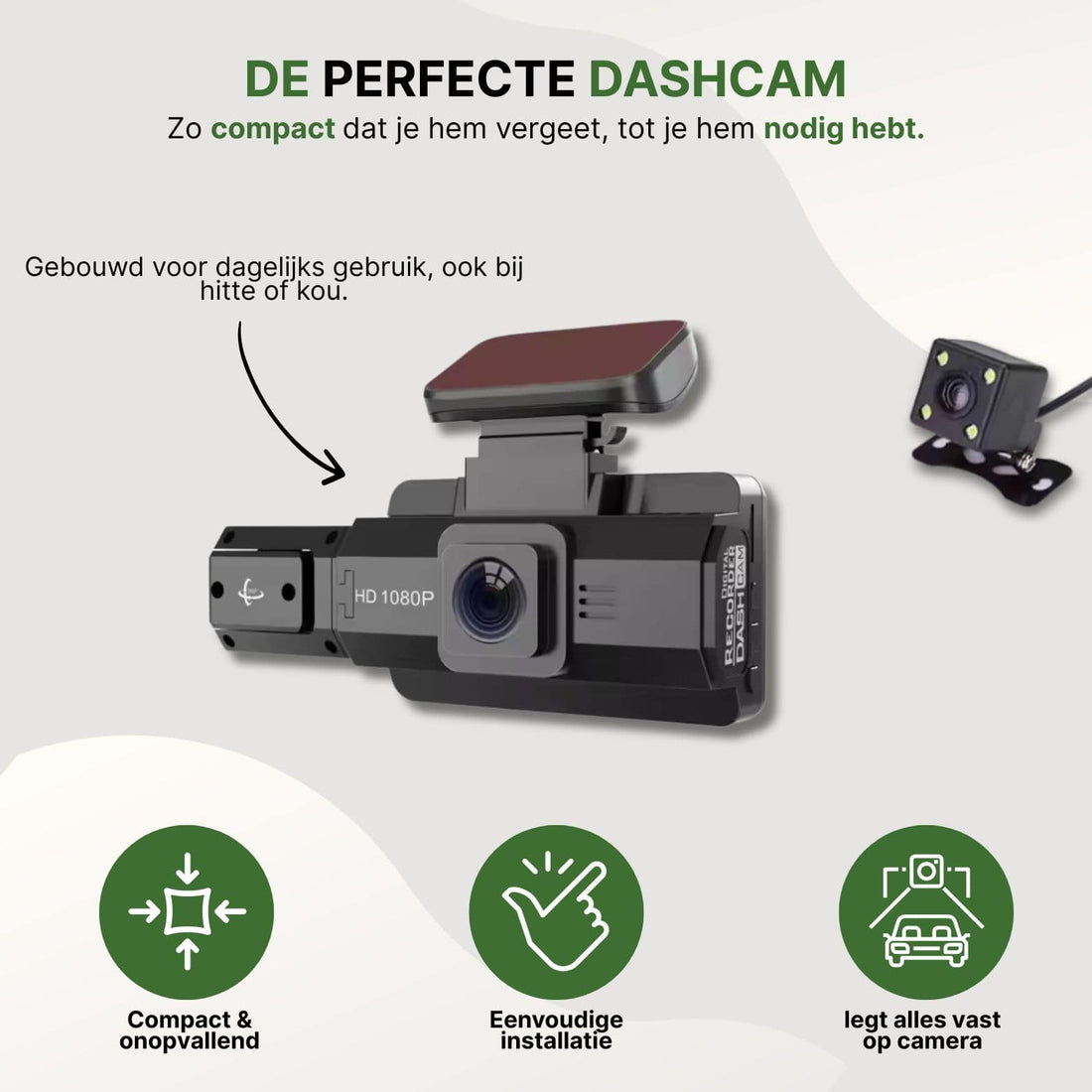 Compact DriveVision dashcam with HD lens and rear camera, suitable for daily use in any weather