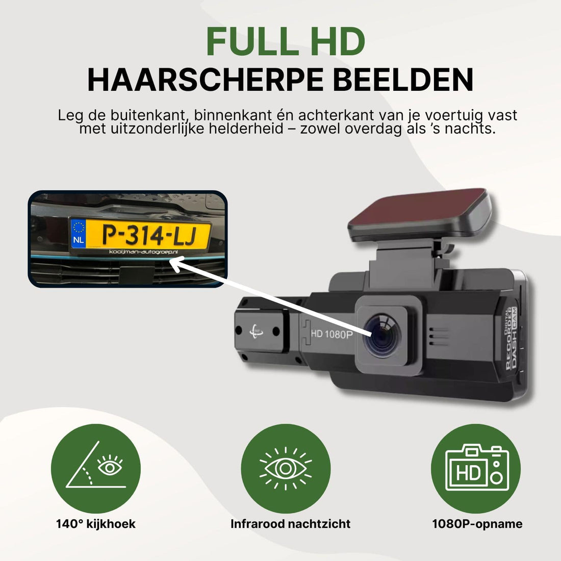 DriveVision dashcam with 1080p resolution captures license plate in detail with infrared night vision and 140° viewing angle