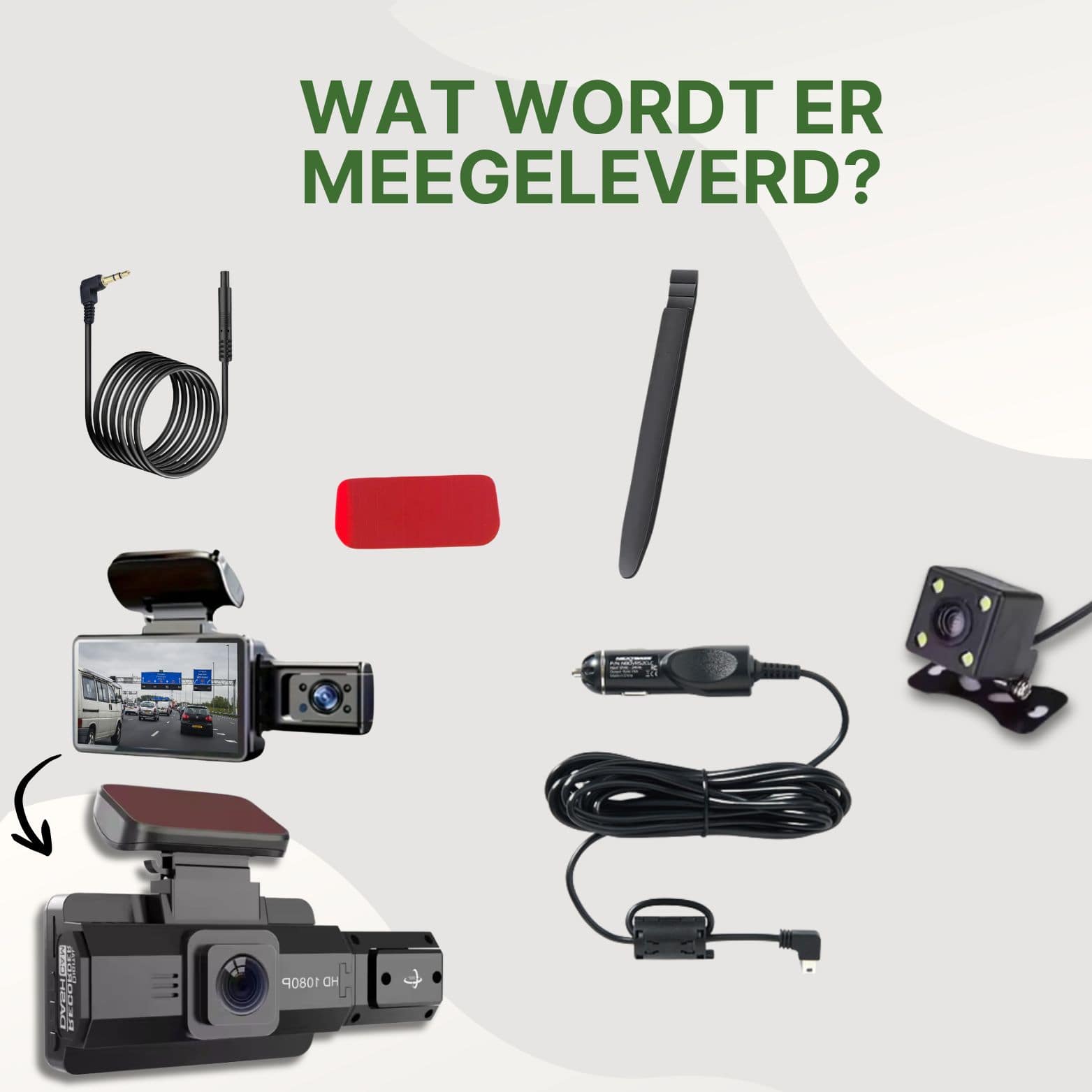 DriveVision dashcam met meegeleverde accessoires zoals achtercamera, stroomkabels, montagetape en installatietool
