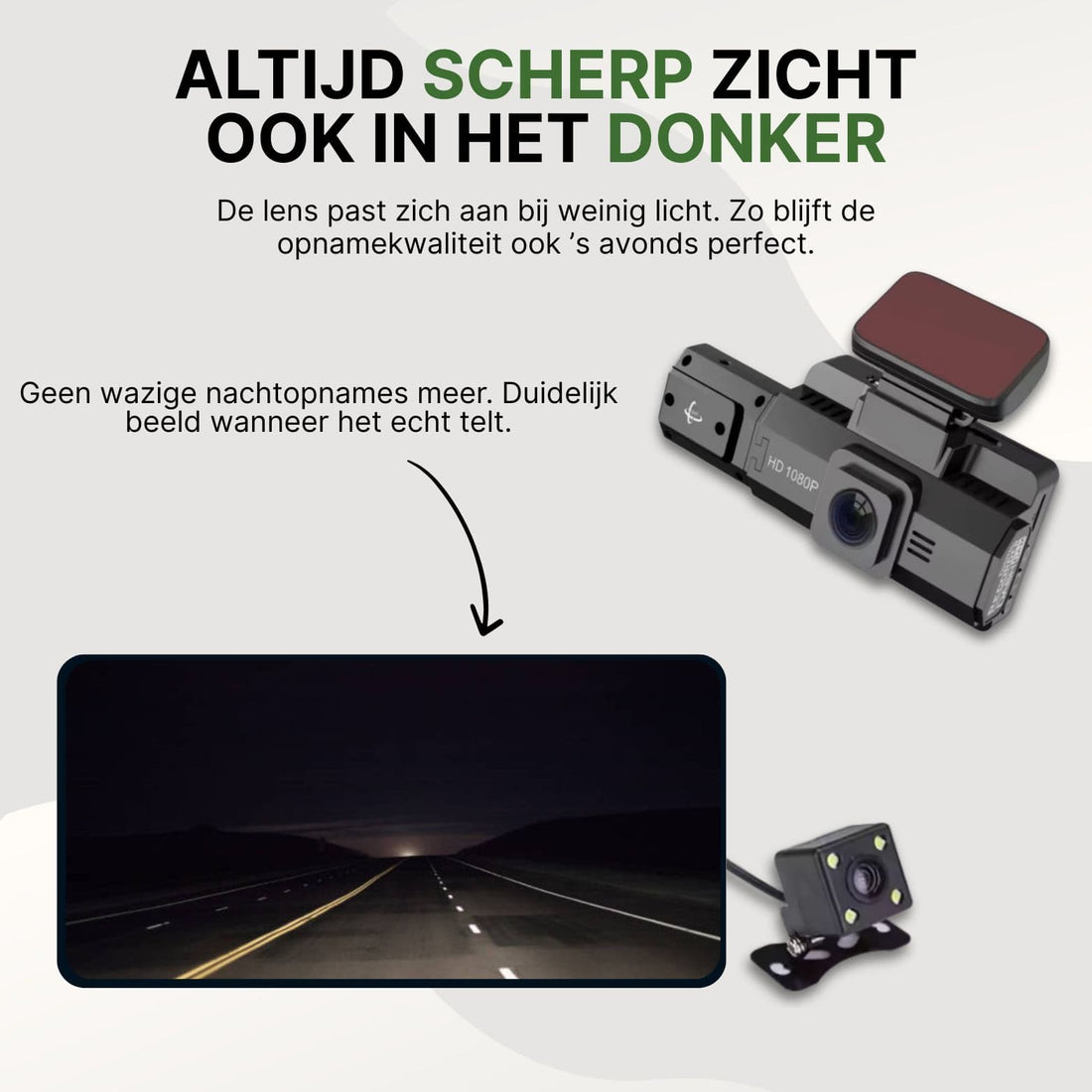 DriveVision dashcam with night vision shows sharp image of dark highway and compact rear camera