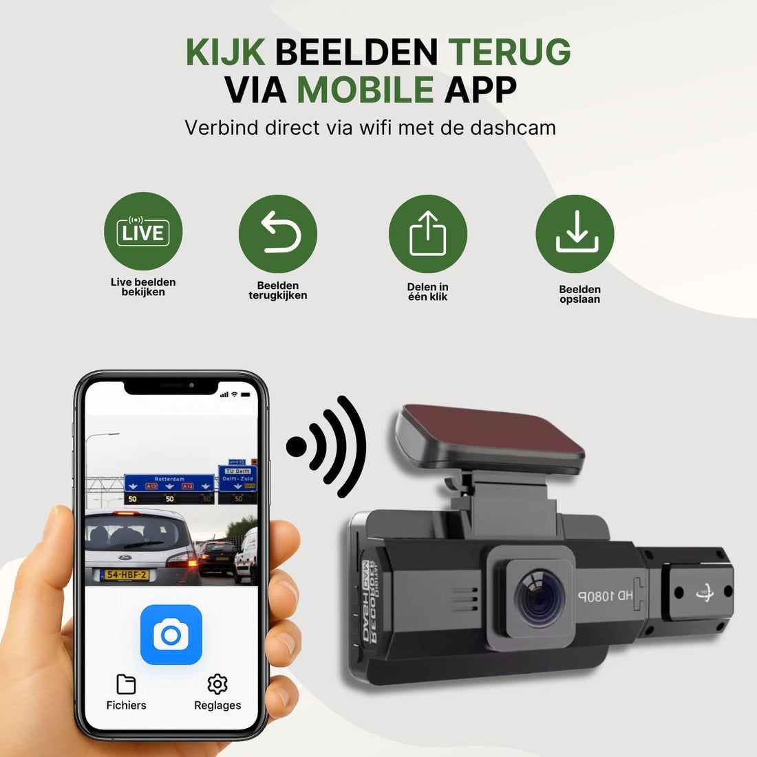 DriveVision dashcam connected via wifi with smartphone for live images and video playback via app