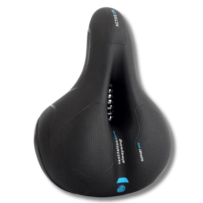Ergonomisch zwart fietszadel met ventilatiekanaal, veersysteem en antislip zitkussens voor extra comfort.