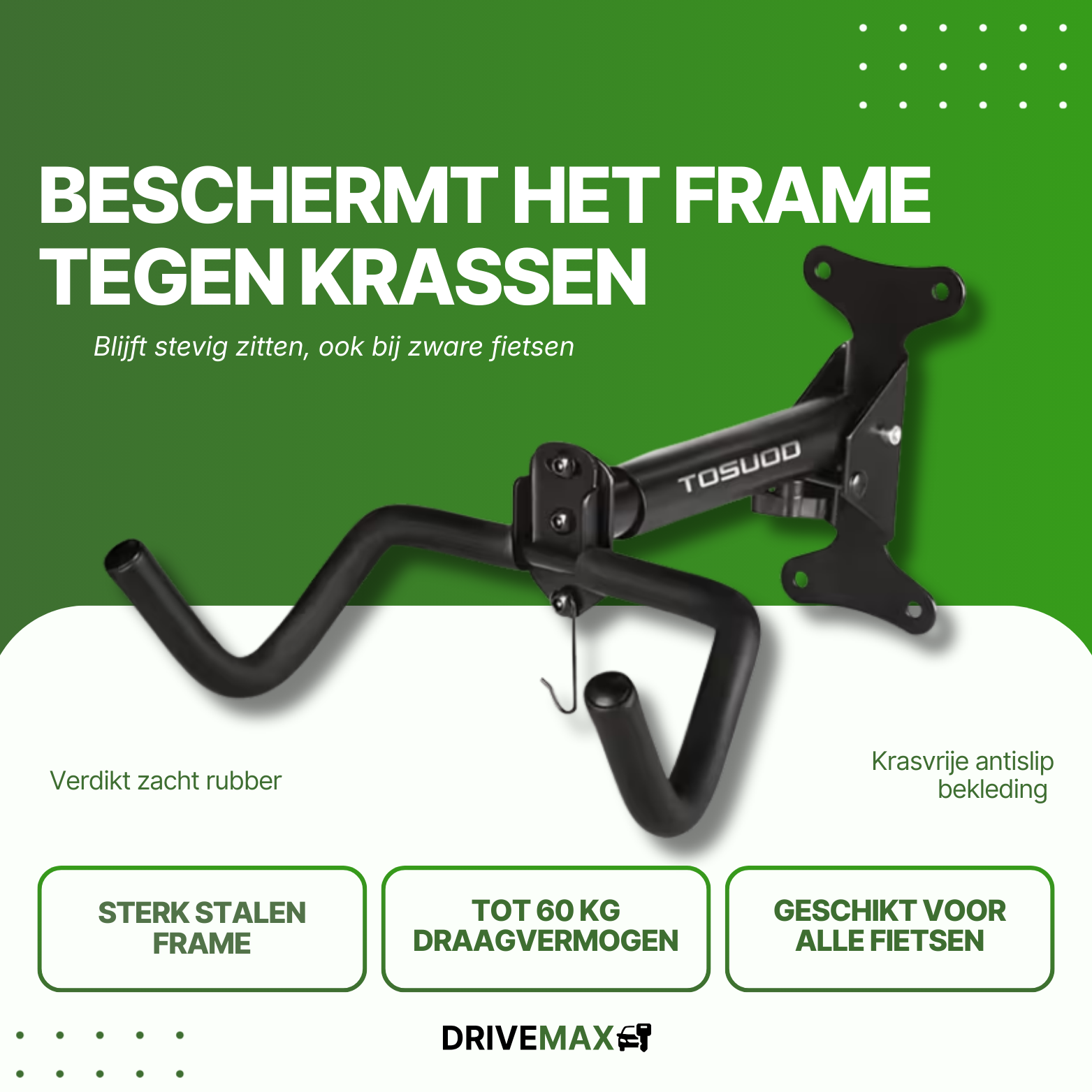 Black bike hanging system with rubber hooks and steel frame, suitable for heavy bikes up to 60 kg.