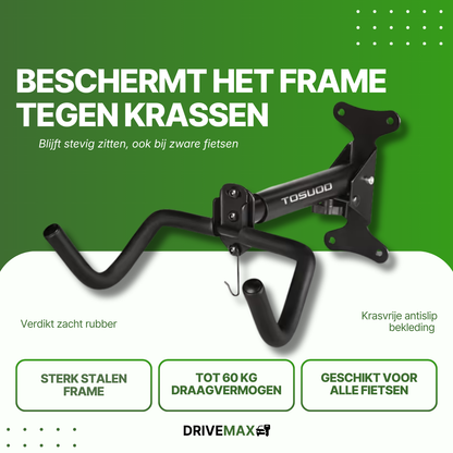 Black bike hanging system with rubber hooks and steel frame, suitable for heavy bikes up to 60 kg.