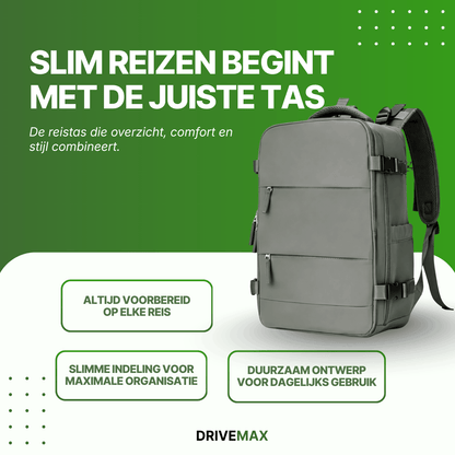 Green rectangular travel backpack on green promotional background with text about smart travel and organization.
