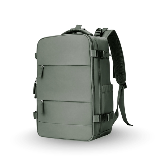 Green rectangular travel backpack with multiple zip pockets and adjustable shoulder straps.