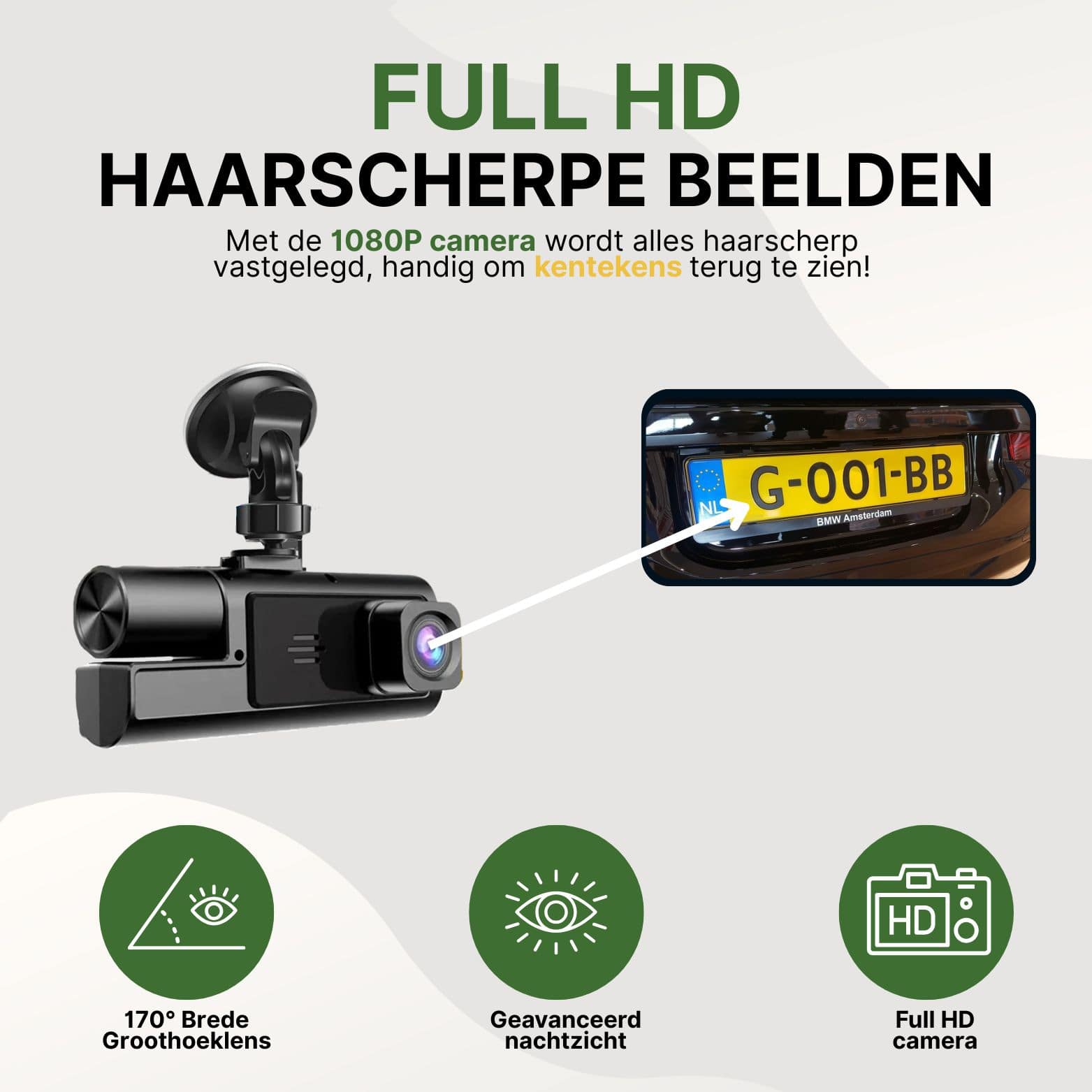 Guardian Pro dashcam met 1080P Full HD camera, 170° groothoeklens en nachtzicht, ideaal voor haarscherpe kentekenherkenning overdag en 's nachts.