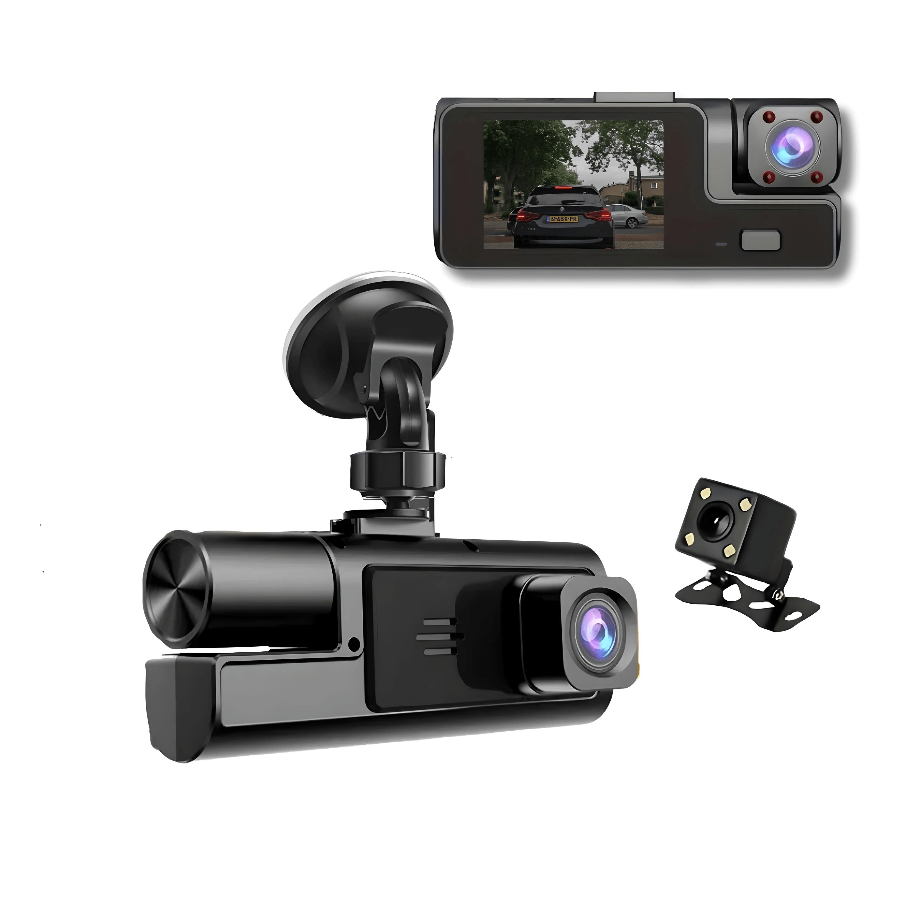Guardian Pro dashcam met voor- en achtercamera, HD-display en zuignapbevestiging voor heldere opnames en eenvoudig gebruik in elke auto.
