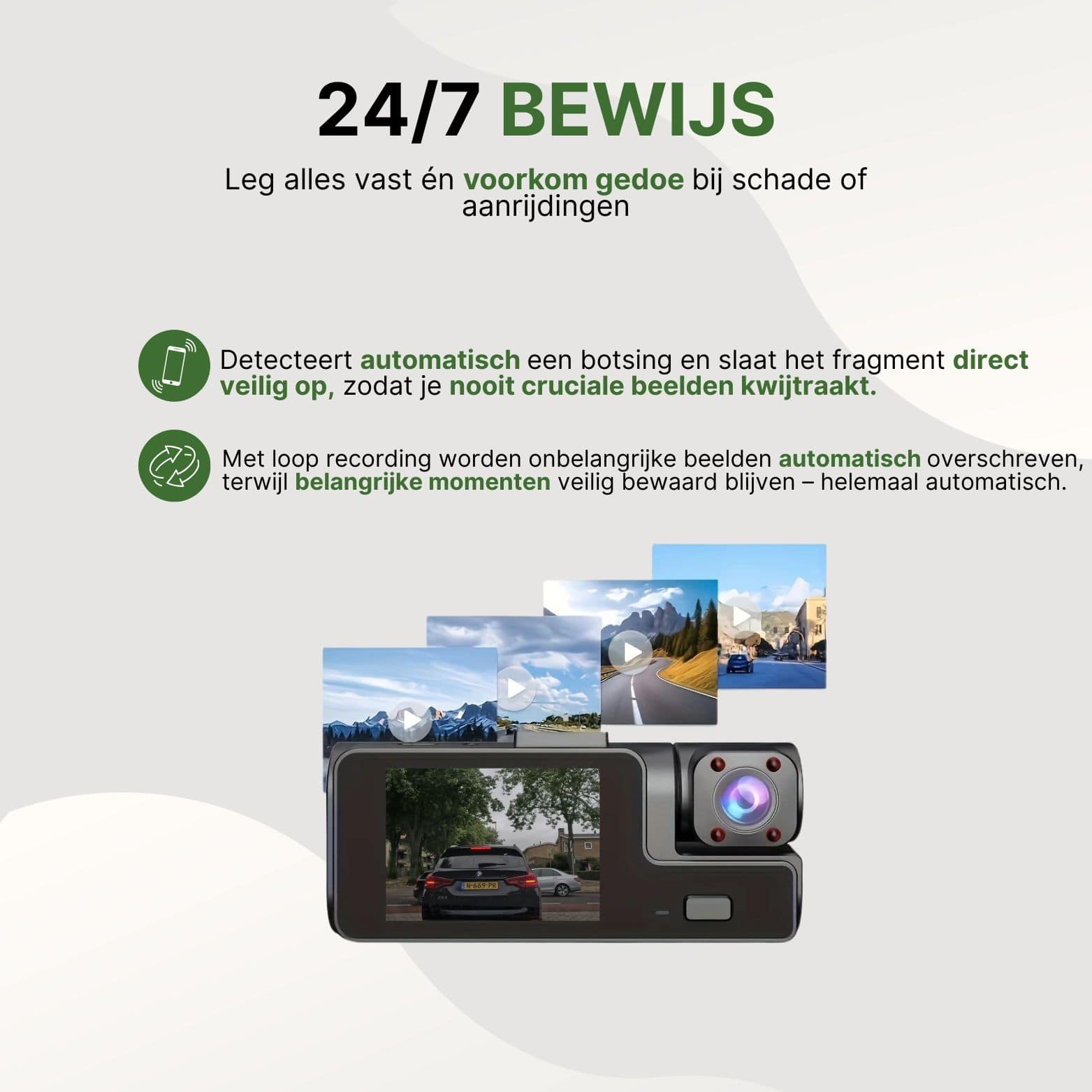 Guardian Pro dashcam met automatische botsingsdetectie en loop recording, die belangrijke beelden veilig opslaat en onbelangrijke opnames automatisch overschrijft.