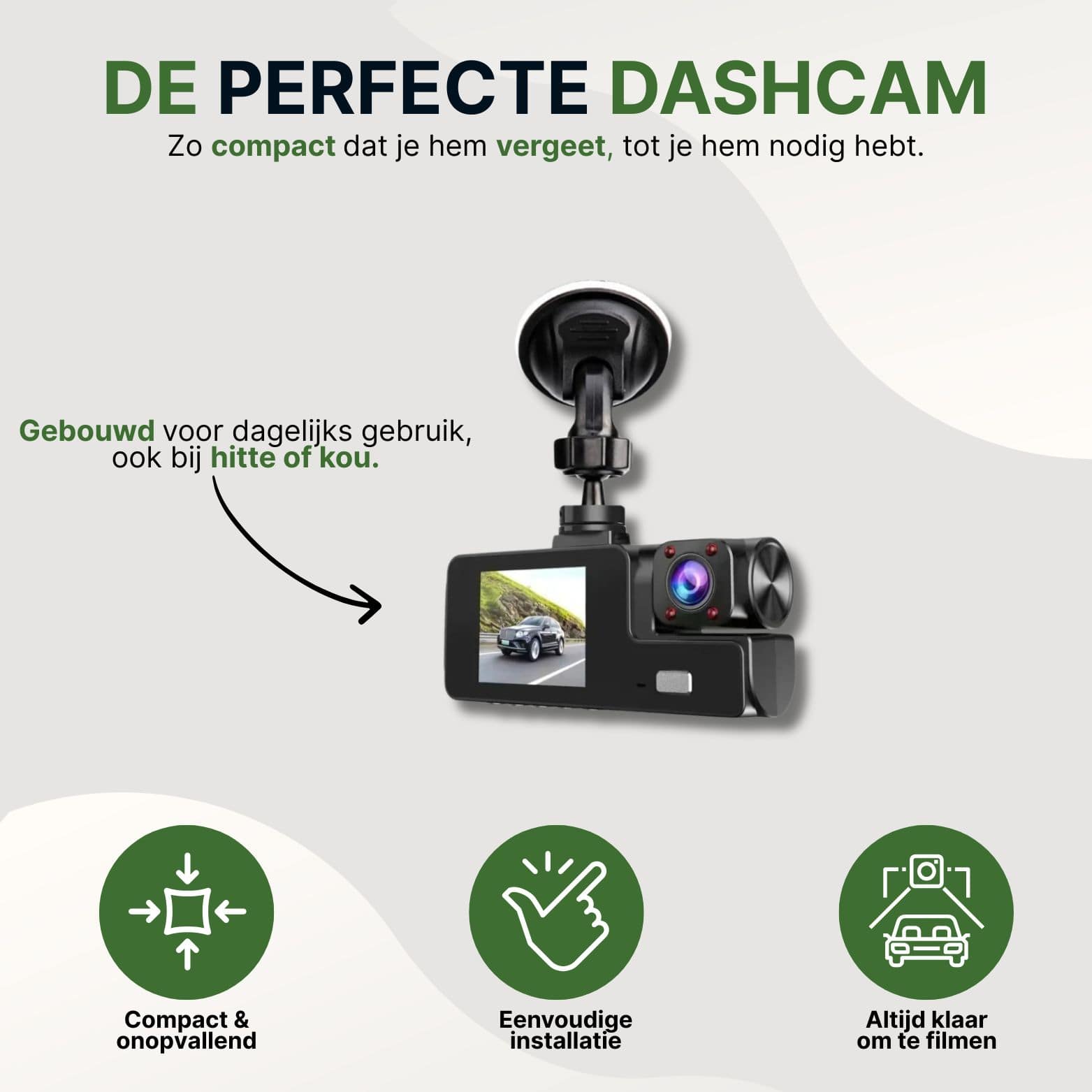 Compacte Guardian Pro dashcam voor dagelijks gebruik, eenvoudig te installeren en bestand tegen hitte en kou, altijd klaar om te filmen.