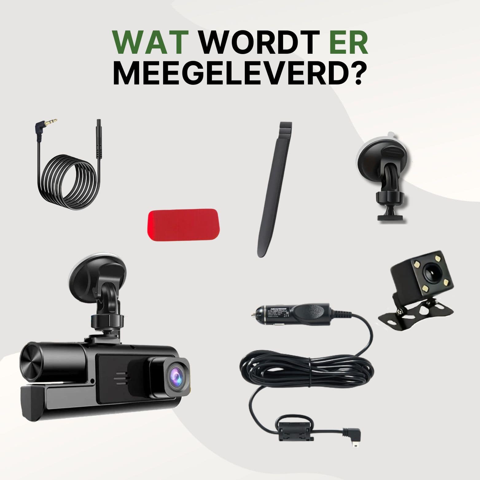 Inhoud verpakking van de Guardian Pro dashcam met zuignap, achtercamera, autolader, montagetool, kabels en bevestigingssticker voor eenvoudige installatie.