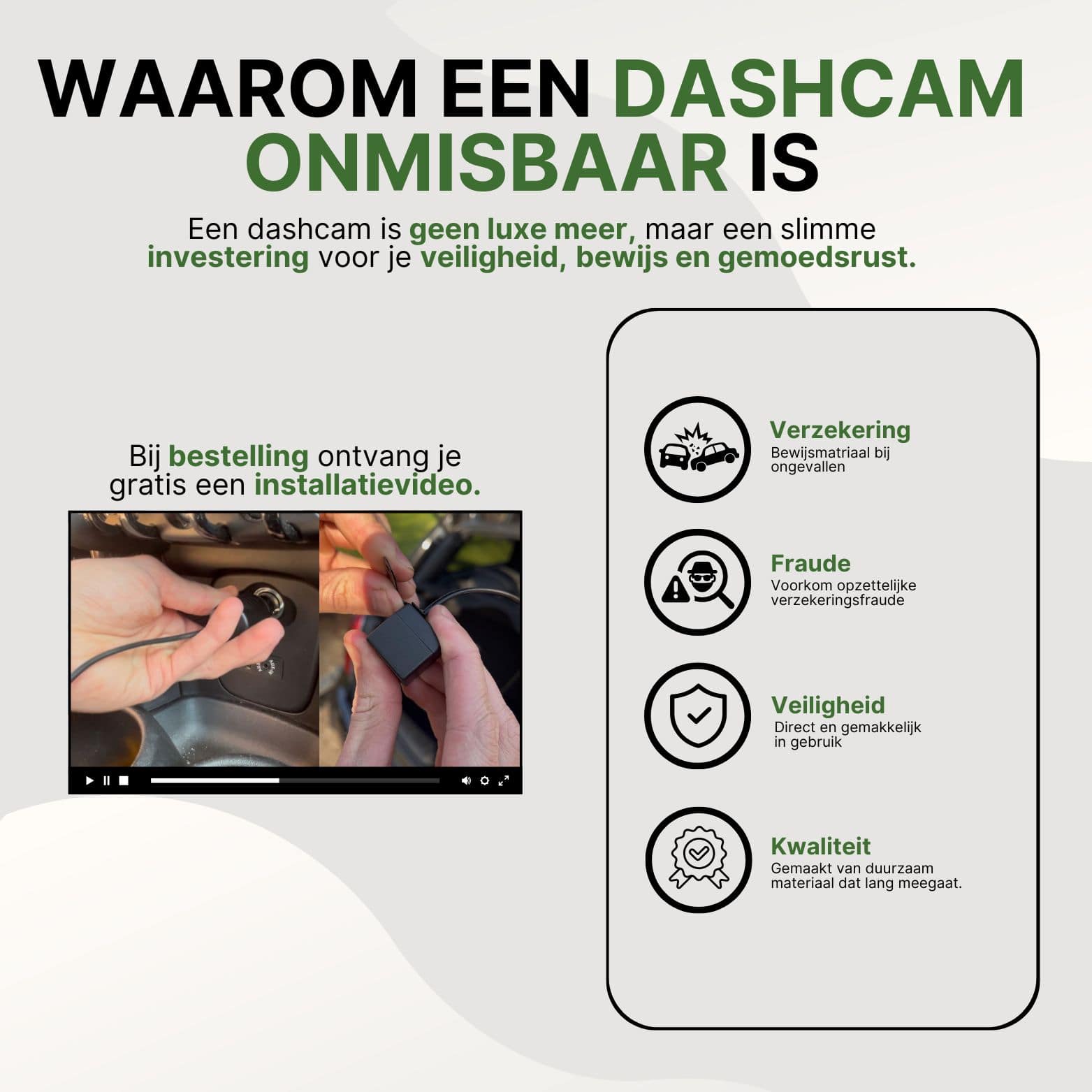Installatievideo van de Guardian Pro dashcam met eenvoudige bevestiging op de voorruit en uitleg over aansluiten